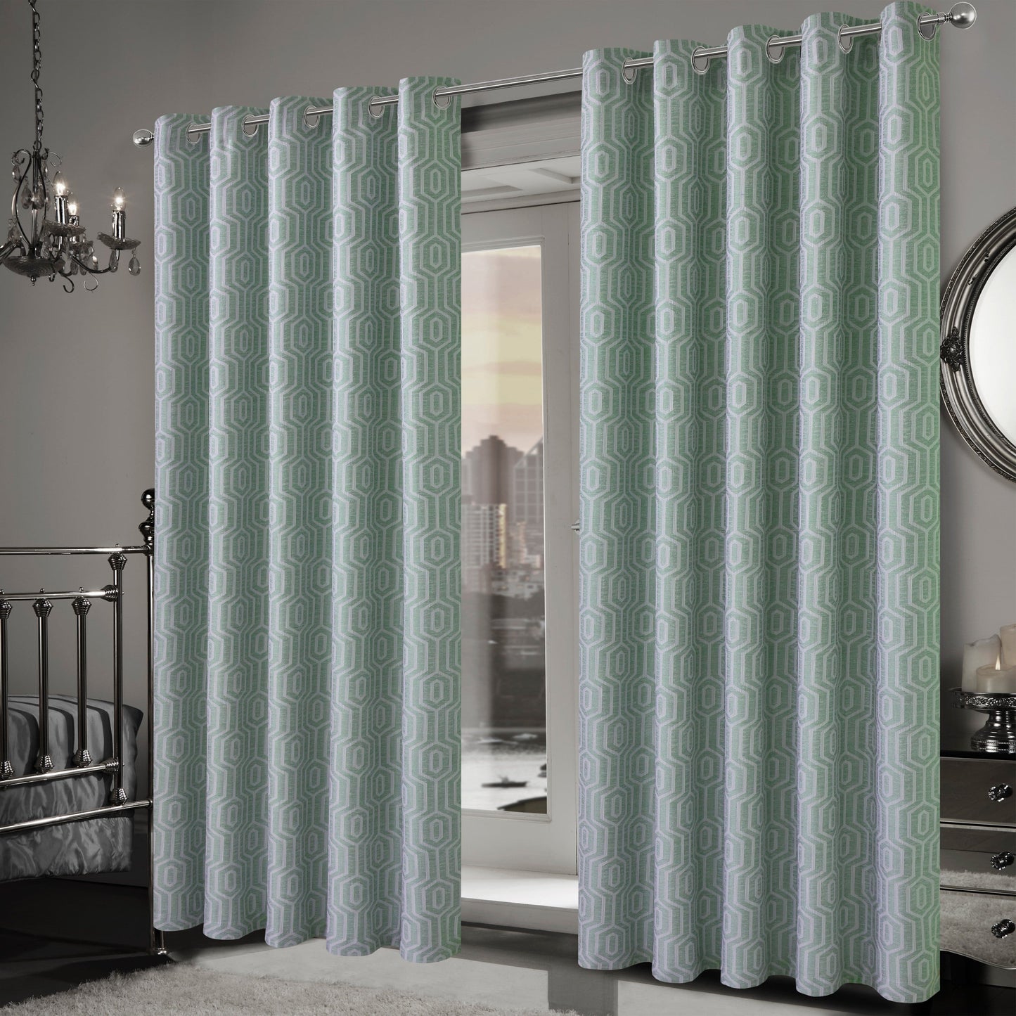 OLIVIA ROCCO Paris Eyelet Jacquard Curtains Sage Green Geometric Pattern Thermal Insulated Light Blocking For Bedroom Lounge