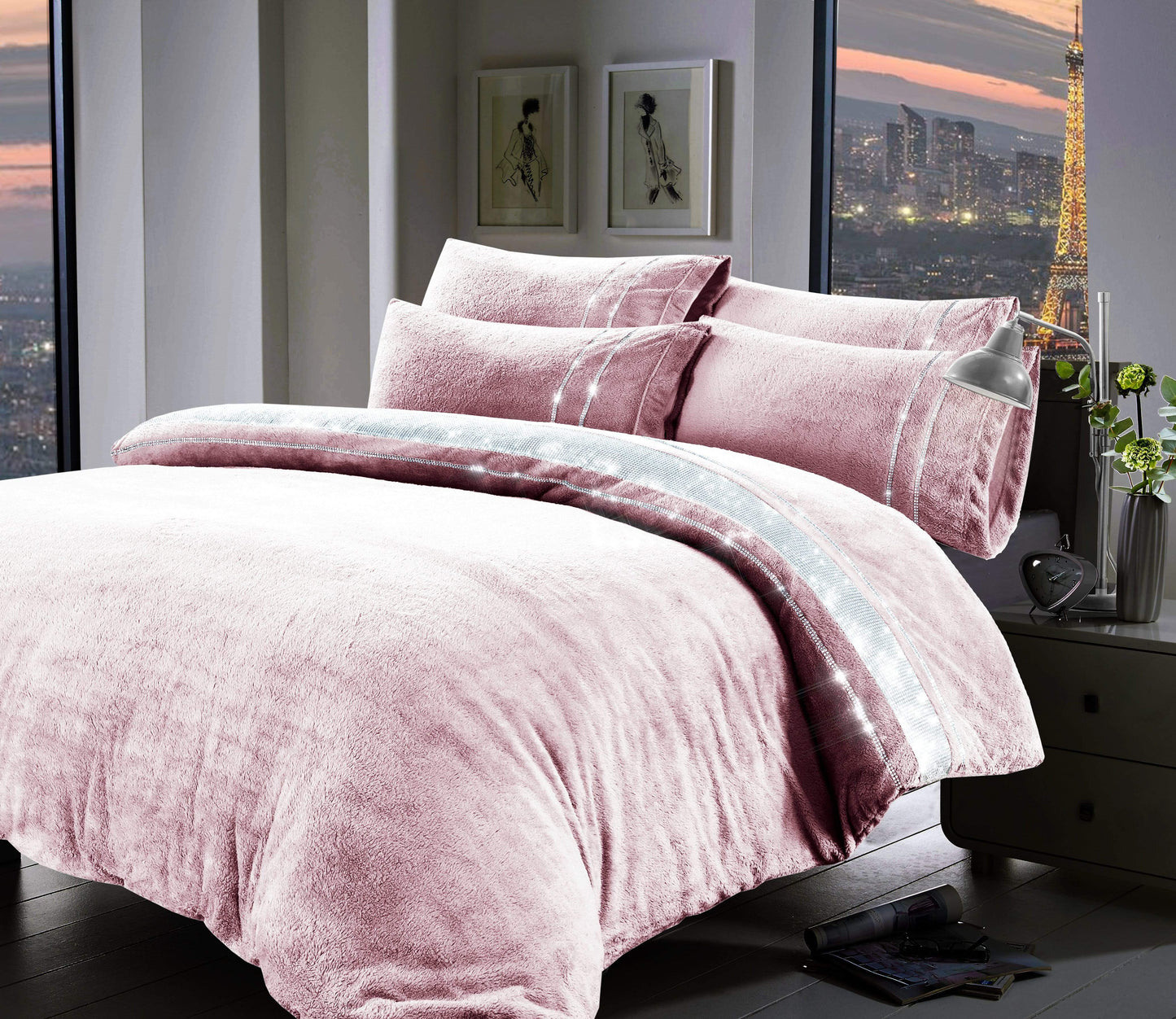 Paris Glitz Teddy Fleece Duvet Set Diamante Detailing Super Soft Faux Fur
