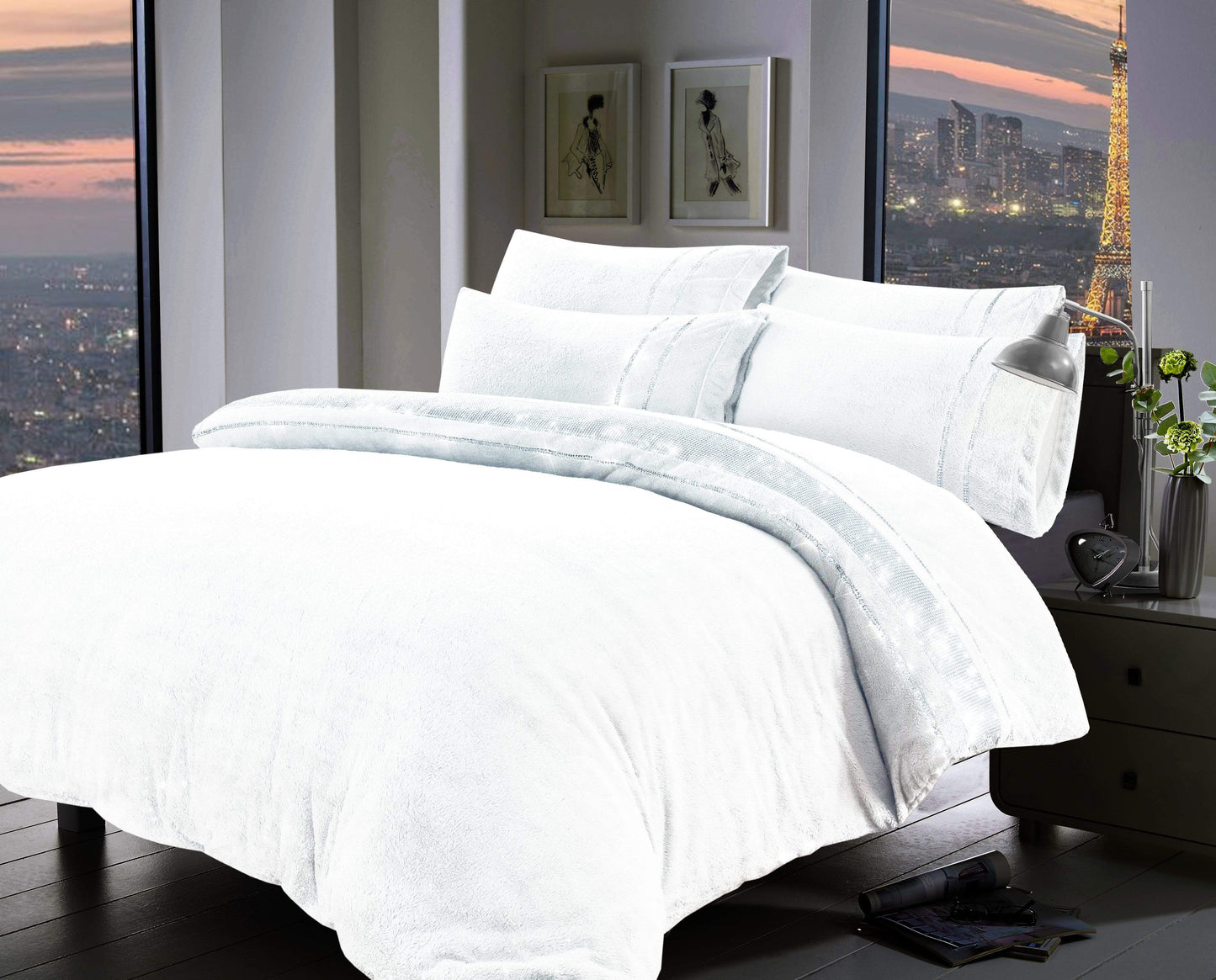Paris Glitz Teddy Fleece Duvet Set Diamante Detailing Super Soft Faux Fur