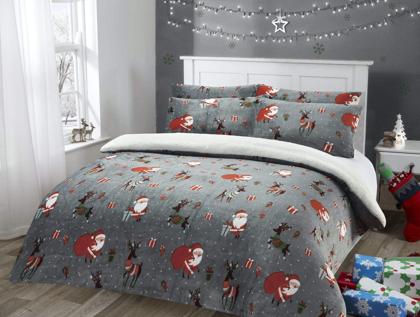 OLIVIA ROCCO Duvet Set Santa Christmas Presents Reversible Teddy Fleece Soft Warm With Faux Fur Bedding OEKO TEX Certified
