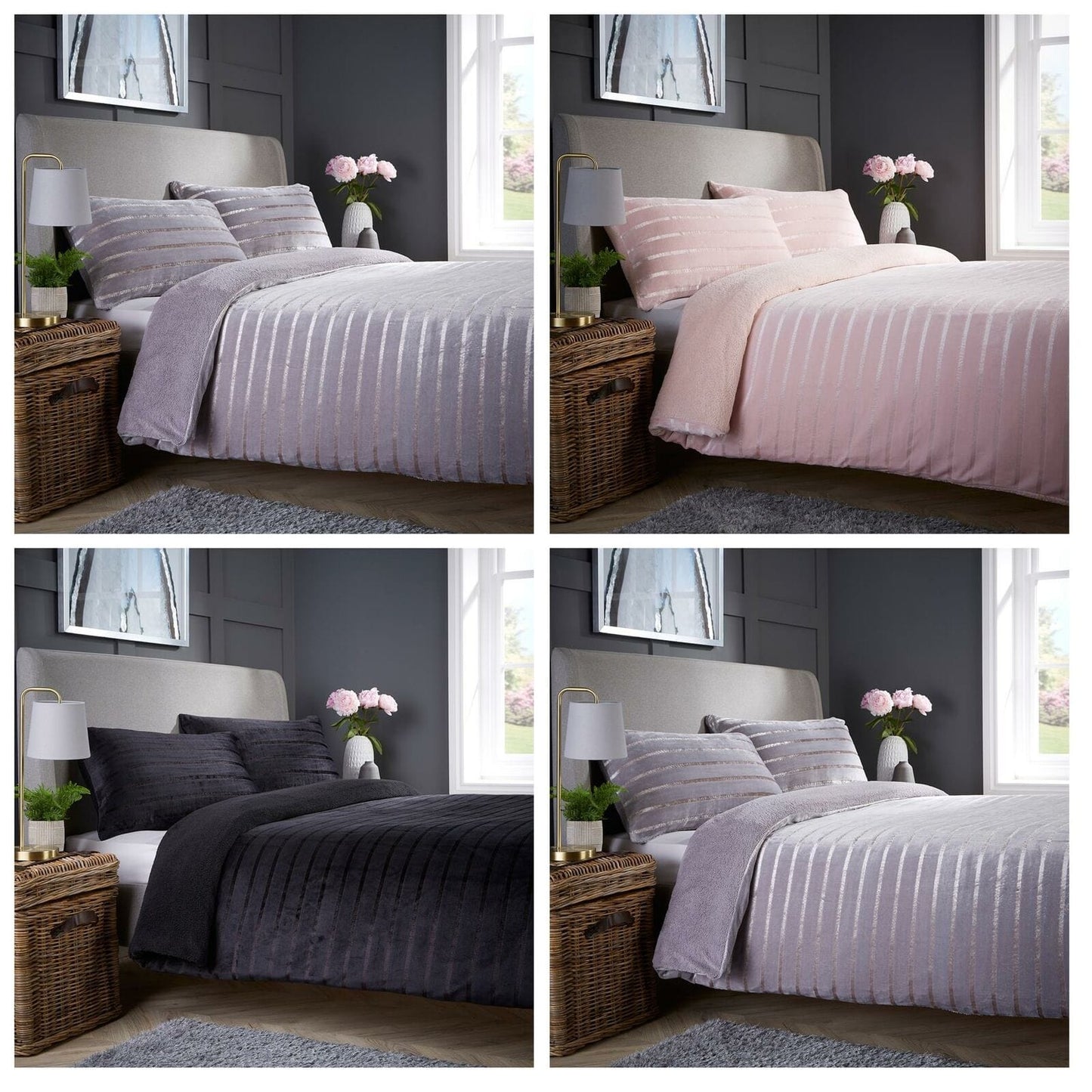 OLIVIA ROCCO Satin Stripe Reversible Faux Fur Teddy Duvet Cover Set - Super Soft Plush Winter Bedding, Available in Single, Double, King