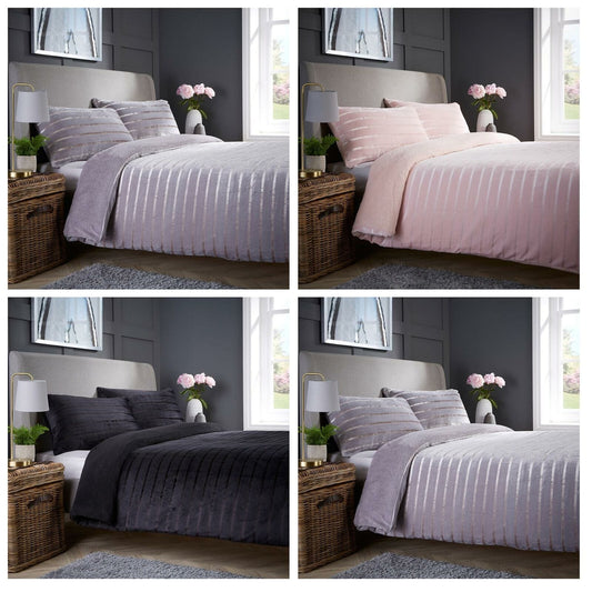 OLIVIA ROCCO Satin Stripe Reversible Faux Fur Teddy Duvet Cover Set - Super Soft Plush Winter Bedding, Available in Single, Double, King