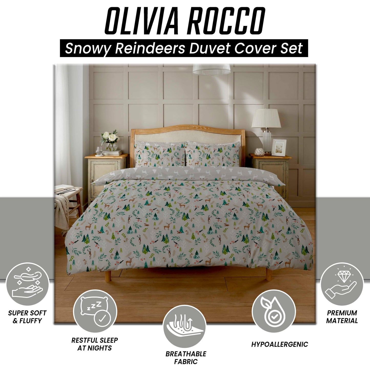 OLIVIA ROCCO Snowy Reindeers Reversible Duvet Cover Set With Pillowcases Polycotton Bedding For Year Round Comfort And Cozy Nights