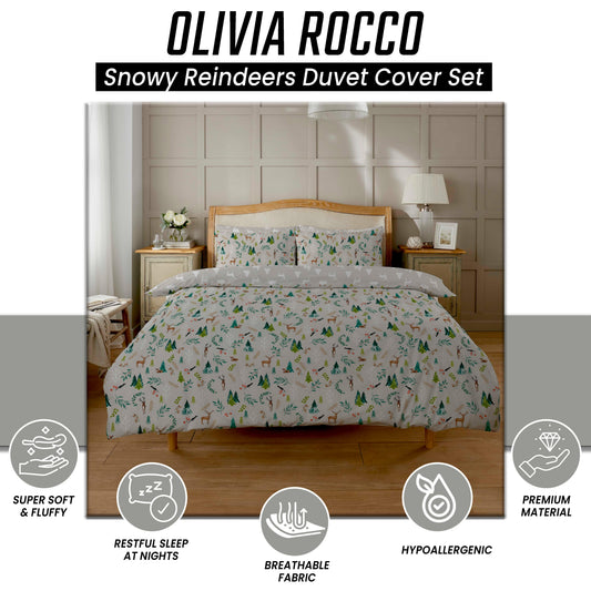 OLIVIA ROCCO Snowy Reindeers Reversible Duvet Cover Set With Pillowcases Polycotton Bedding For Year Round Comfort And Cozy Nights