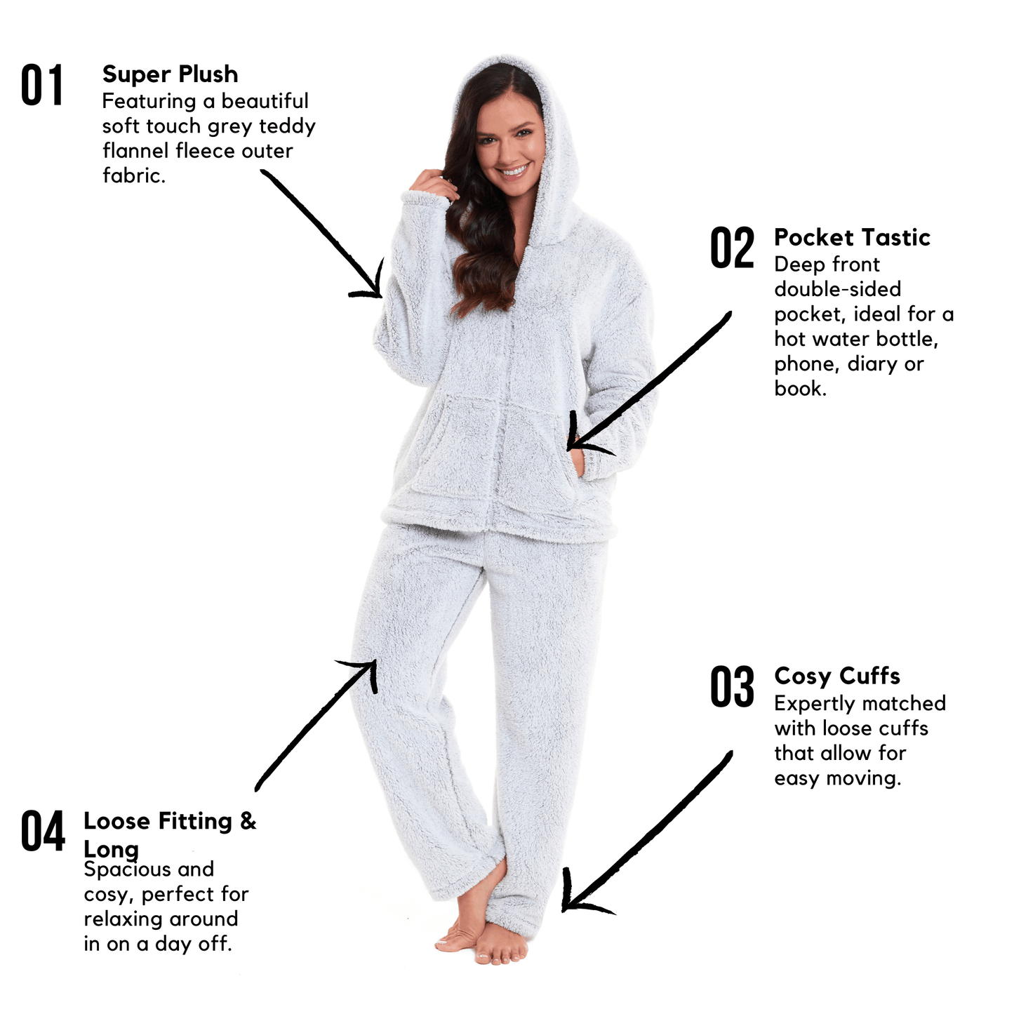 OLIVIA ROCCO Soft Grey Plush Fleece Zipped Hooded Pyjama Set With Zipped Front Ultra Warm Teddy Fabric Winter Sleepwear Multiple Sizes