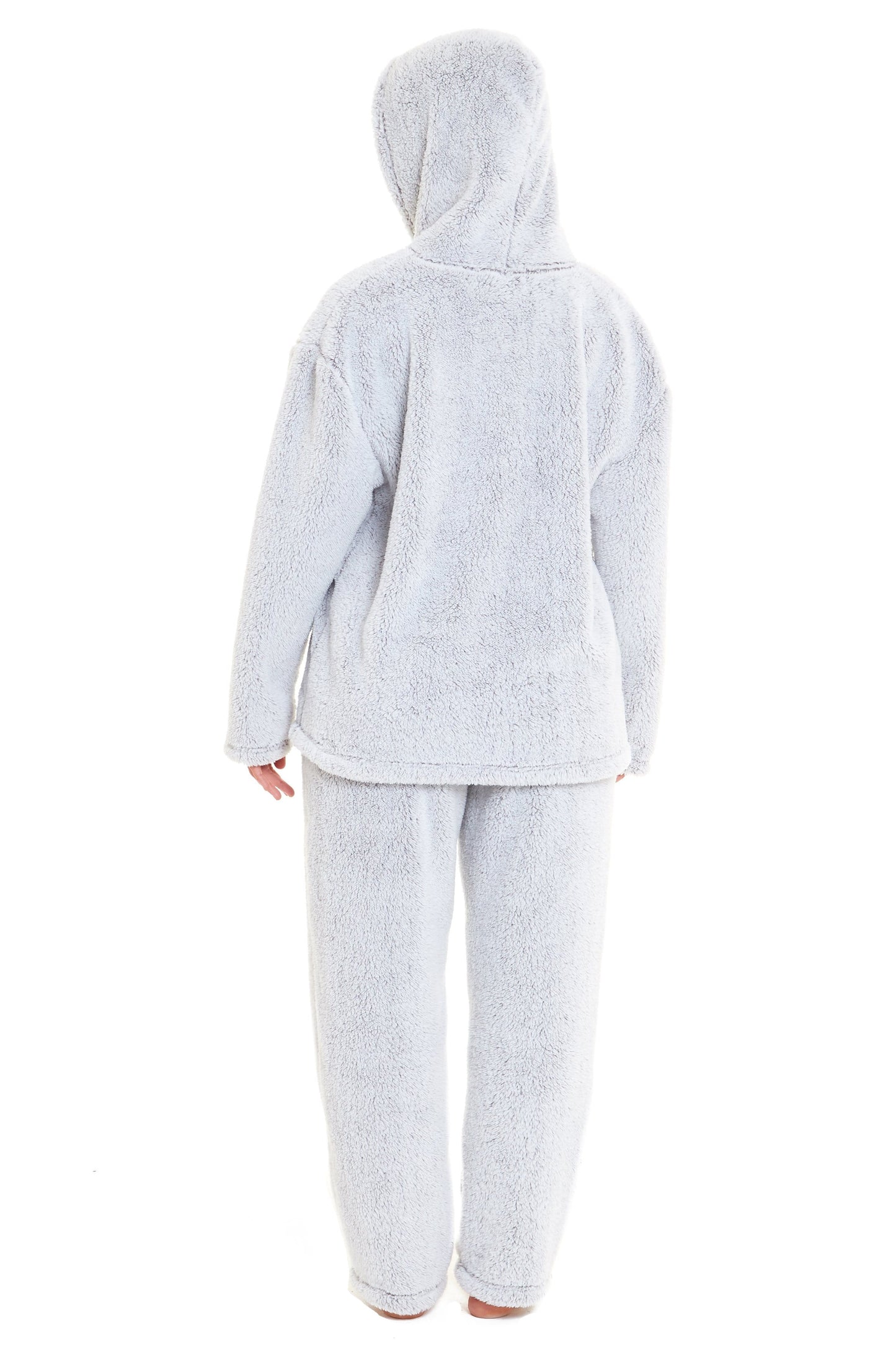 OLIVIA ROCCO Soft Grey Plush Fleece Zipped Hooded Pyjama Set With Zipped Front Ultra Warm Teddy Fabric Winter Sleepwear Multiple Sizes