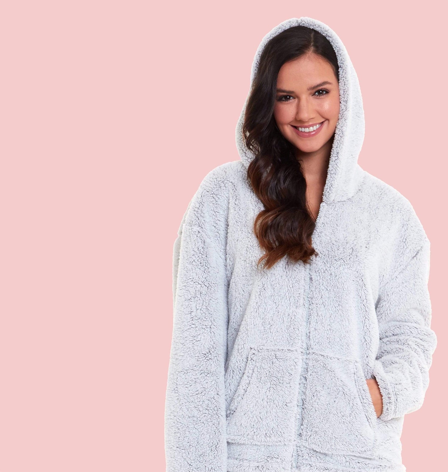 OLIVIA ROCCO Soft Grey Plush Fleece Zipped Hooded Pyjama Set With Zipped Front Ultra Warm Teddy Fabric Winter Sleepwear Multiple Sizes