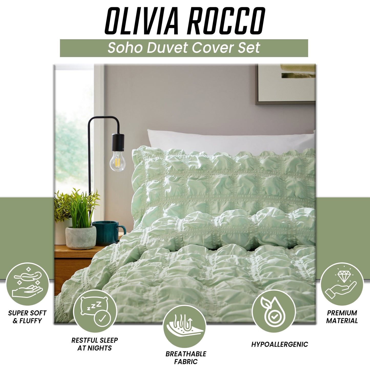 OLIVIA ROCCO Soho Sage Green Microfibre Duvet Cover Set With Pillowcases Quilted Easy Care Bedding Machine Washable