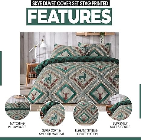 OLIVIA ROCCO Stag Printed Reversible Polycotton Duvet Cover Set Easy Care Single Double King Sizes Skye Collection With Hidden Zipper Closure