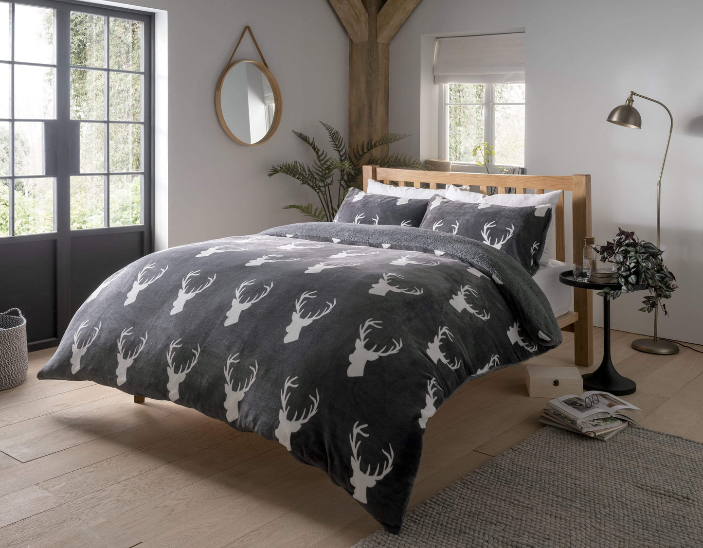 OLIVIA ROCCO Stag Teddy Reversible Duvet Set Charcoal Grey Faux Fur Ultra Soft OEKO-TEX Certified Available In Single Double King Sizes