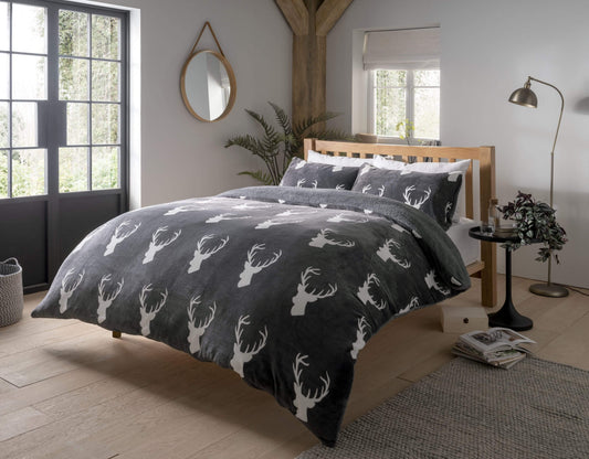 OLIVIA ROCCO Stag Teddy Reversible Duvet Set Charcoal Grey Faux Fur Ultra Soft OEKO-TEX Certified Available In Single Double King Sizes
