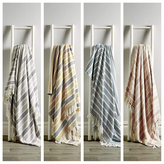 OLIVIA ROCCO Zara Striped Handwoven Pure Cotton Throw Blanket With Tassels Eco Friendly Multiple Sizes Calming Colors For Sofa Beds