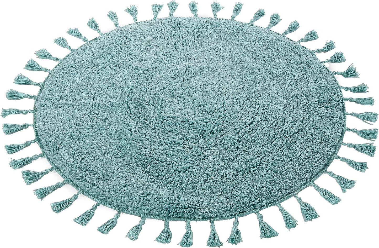 OLIVIA ROCCO Non Slip Round Tasselled Bath Mat 100 Percent Cotton Absorbent Soft Plush Bathroom Rug Duck Egg Grey Natural And White