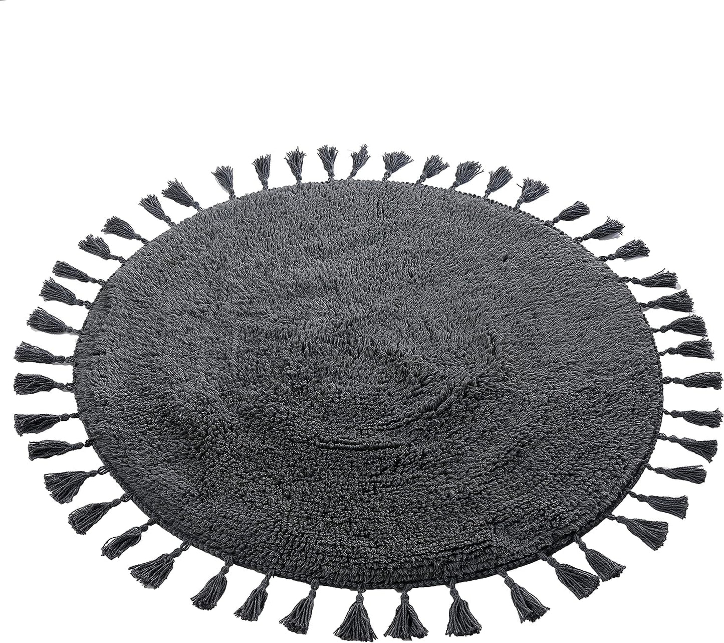 OLIVIA ROCCO Non Slip Round Tasselled Bath Mat 100 Percent Cotton Absorbent Soft Plush Bathroom Rug Duck Egg Grey Natural And White
