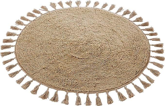 OLIVIA ROCCO Non Slip Round Tasselled Bath Mat 100 Percent Cotton Absorbent Soft Plush Bathroom Rug Duck Egg Grey Natural And White