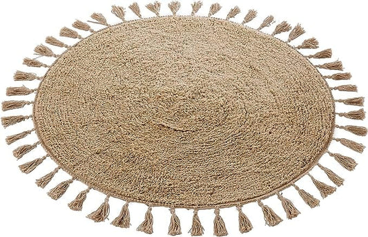 OLIVIA ROCCO Non Slip Round Tasselled Bath Mat 100 Percent Cotton Absorbent Soft Plush Bathroom Rug Duck Egg Grey Natural And White