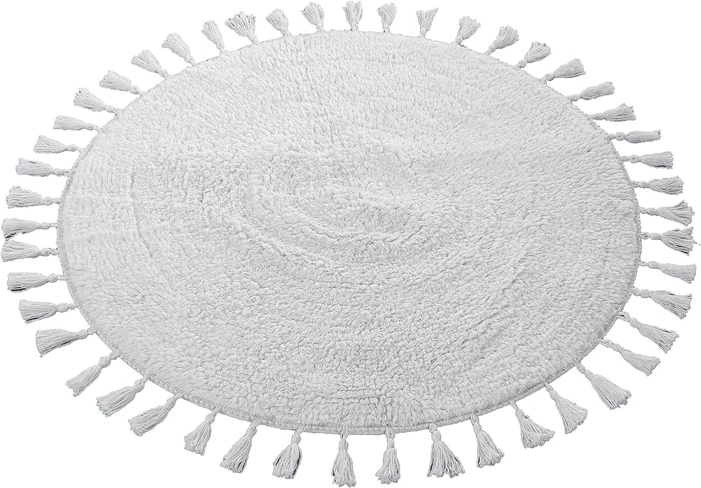 OLIVIA ROCCO Non Slip Round Tasselled Bath Mat 100 Percent Cotton Absorbent Soft Plush Bathroom Rug Duck Egg Grey Natural And White