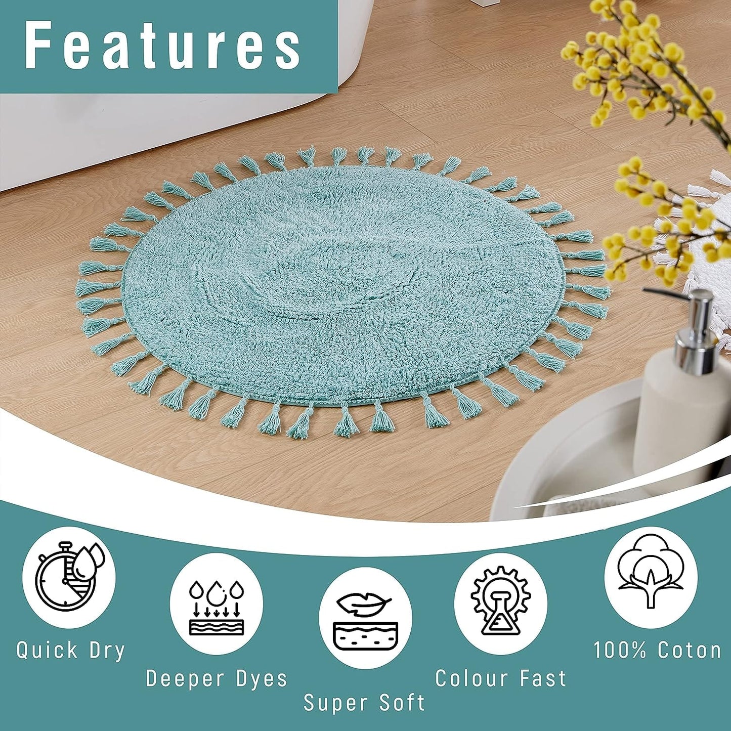 OLIVIA ROCCO Non Slip Round Tasselled Bath Mat 100 Percent Cotton Absorbent Soft Plush Bathroom Rug Duck Egg Grey Natural And White