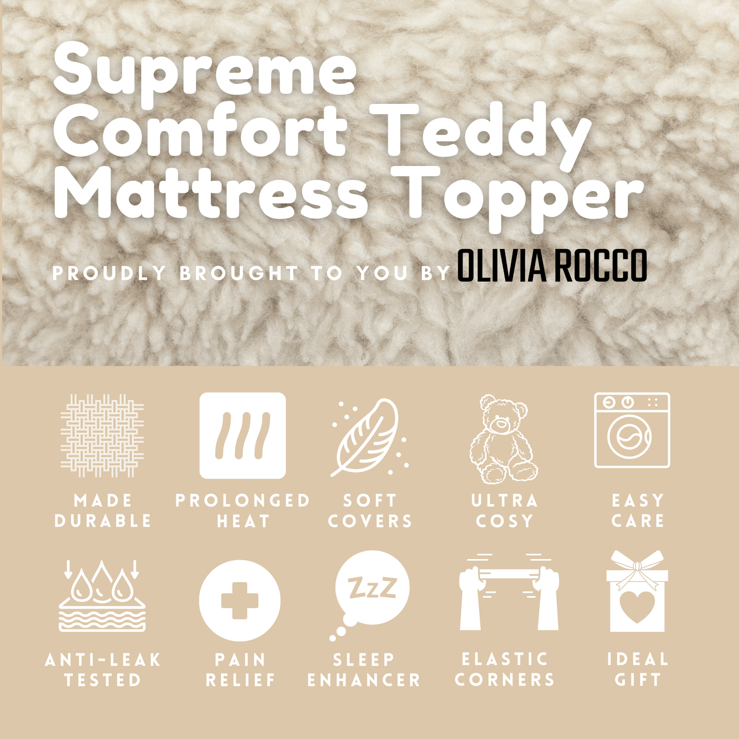 OLIVIA ROCCO Mattress Topper Supreme Comfort Extra Deep Dual Sided Fluffy Teddy OEKO-TEX Certified Fits Single Double King Super King