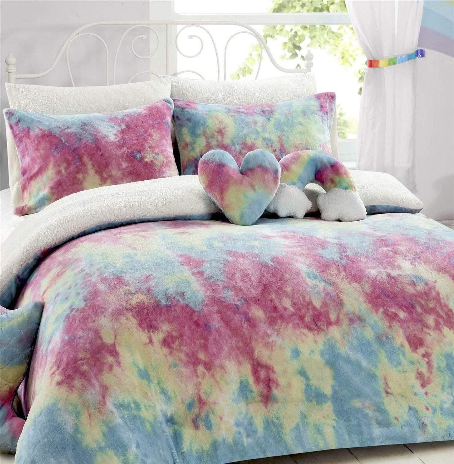 OLIVIA ROCCO Tie Dye Rainbow Teddy Fleece Duvet Set for Kids Reversible Bedding with Cushion and Throw Single and Double