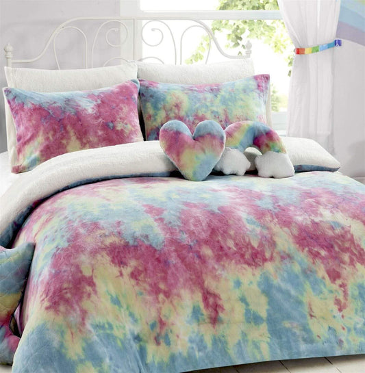 OLIVIA ROCCO Tie Dye Rainbow Teddy Fleece Duvet Set for Kids Reversible Bedding with Cushion and Throw Single and Double