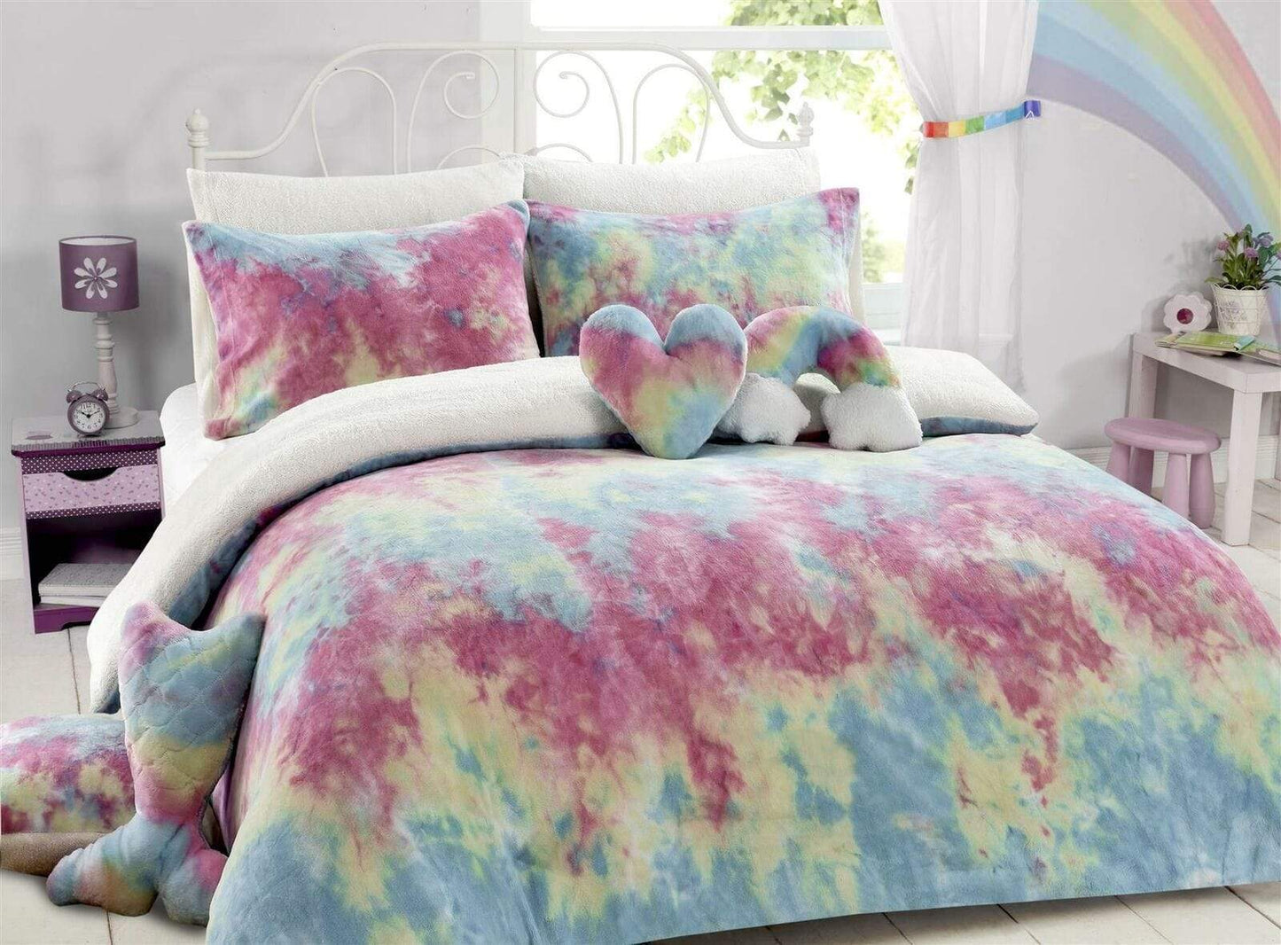 OLIVIA ROCCO Tie Dye Rainbow Teddy Fleece Duvet Set for Kids Reversible Bedding with Cushion and Throw Single and Double