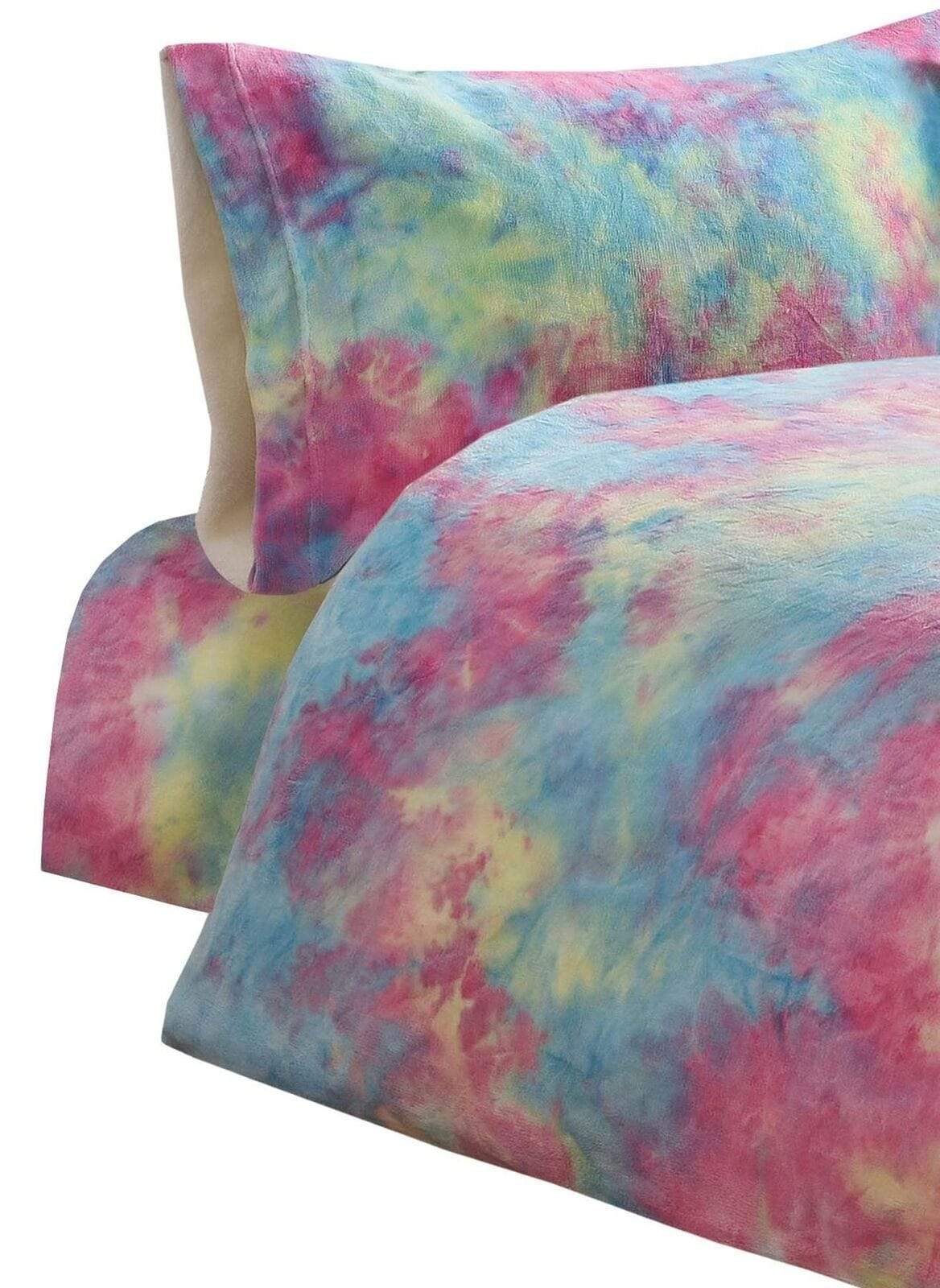 OLIVIA ROCCO Tie Dye Rainbow Teddy Fleece Duvet Set for Kids Reversible Bedding with Cushion and Throw Single and Double