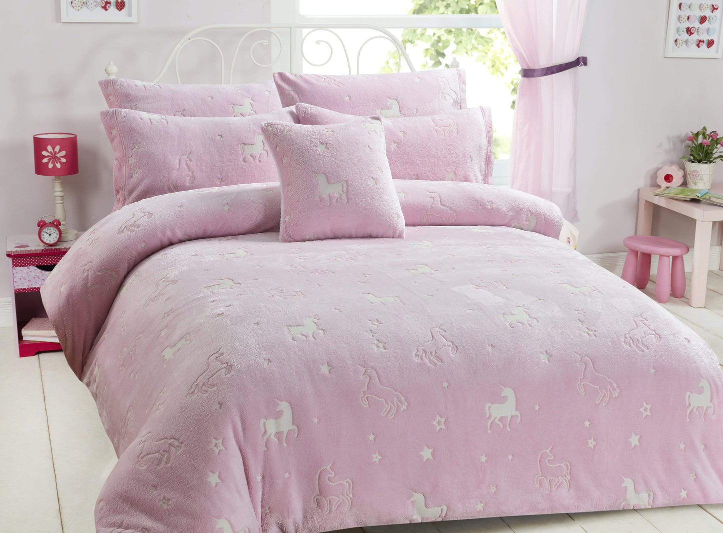 Unicorn Glow In The Dark Teddy Duvet Set Pink For Kids