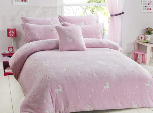 Unicorn Glow In The Dark Teddy Duvet Set Pink For Kids