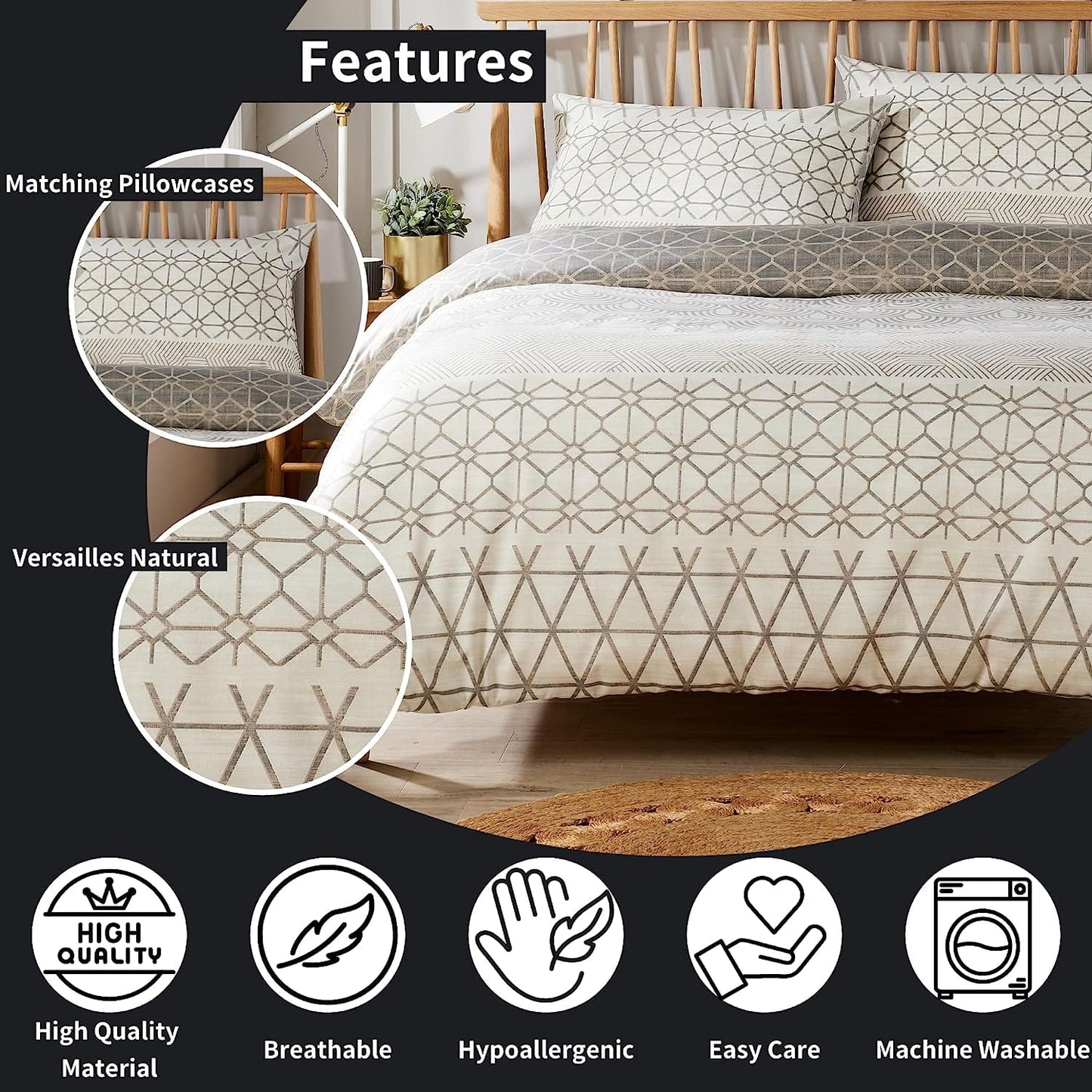 OLIVIA ROCCO Versailles Natural Floral Reversible Quilted Polyester Blend Duvet Cover Set With Button Closure Single Double King Sizes