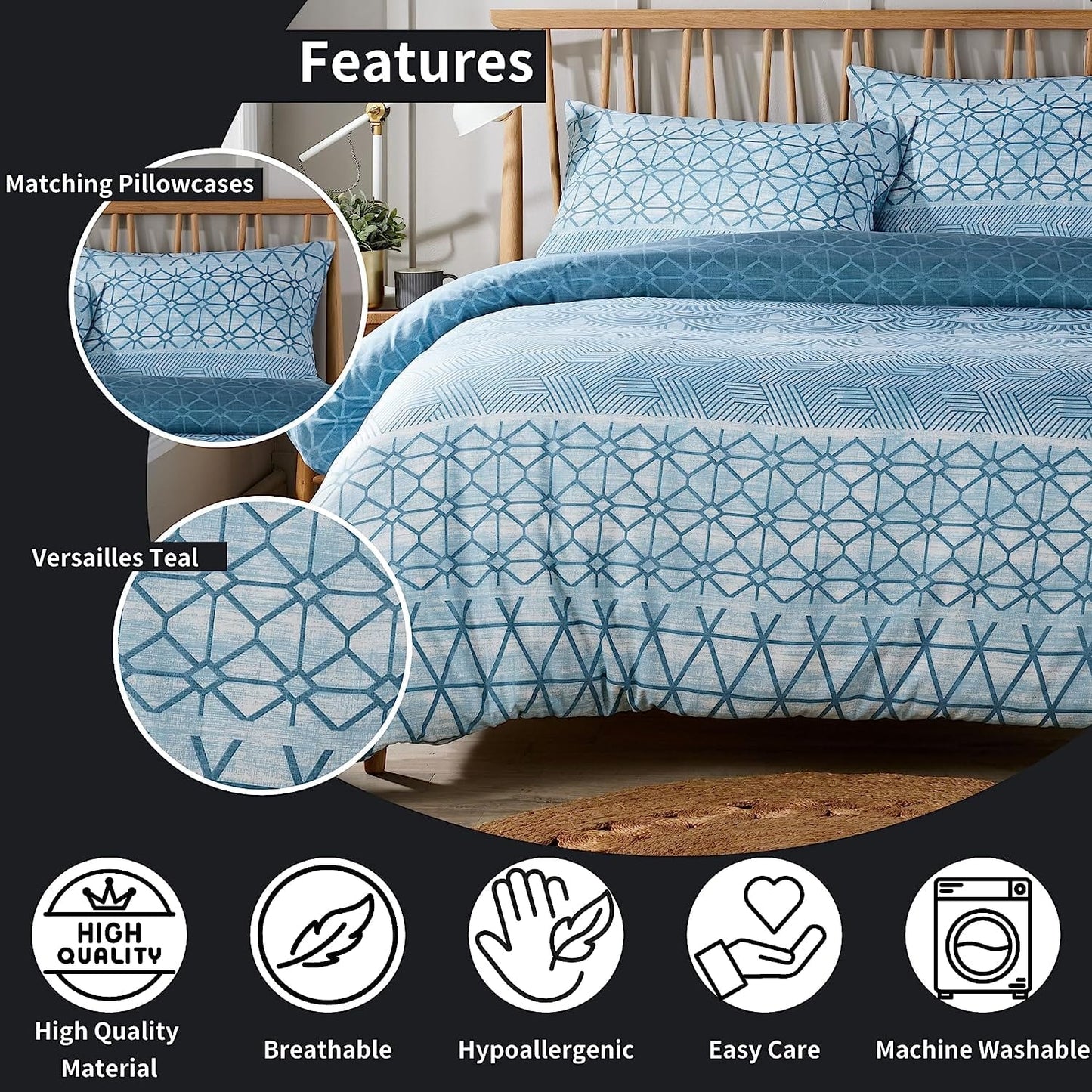 OLIVIA ROCCO Versailles Teal Printed Duvet Cover Set Reversible Quilted Bedding With Pillowcases Breathable Polyester Blend For King Double And Single Sizes