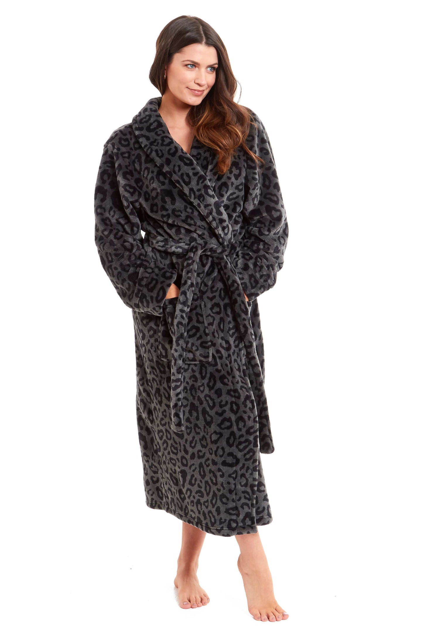 OLIVIA ROCCO Robe Women's Black Leopard Print Plush Fleece Long With Shawl Collar Pockets Cozy Loungewear Nightwear Relaxed Fit