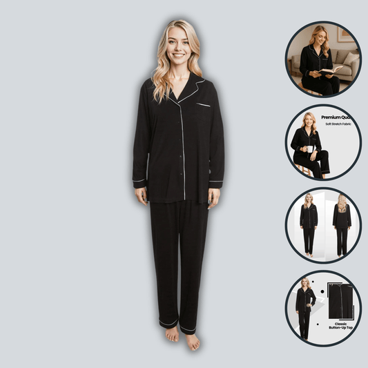 OLIVIA ROCCO Women's Black Pyjama Set Soft Touch Long Sleeve Button Up Top and Bottoms Two Piece Nightwear Daisy Dreamer