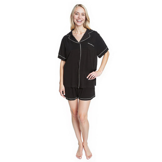 OLIVIA ROCCO Women Black Short Pyjama Set Super Soft Sleepwear With Button Up Top And Pockets Daisy Dreamer Lounge Wear Comfy