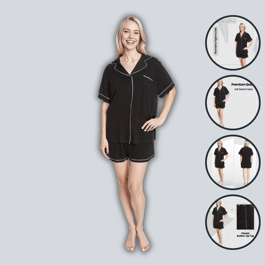 OLIVIA ROCCO Women Black Short Pyjama Set Super Soft Sleepwear With Button Up Top And Pockets Daisy Dreamer Lounge Wear Comfy