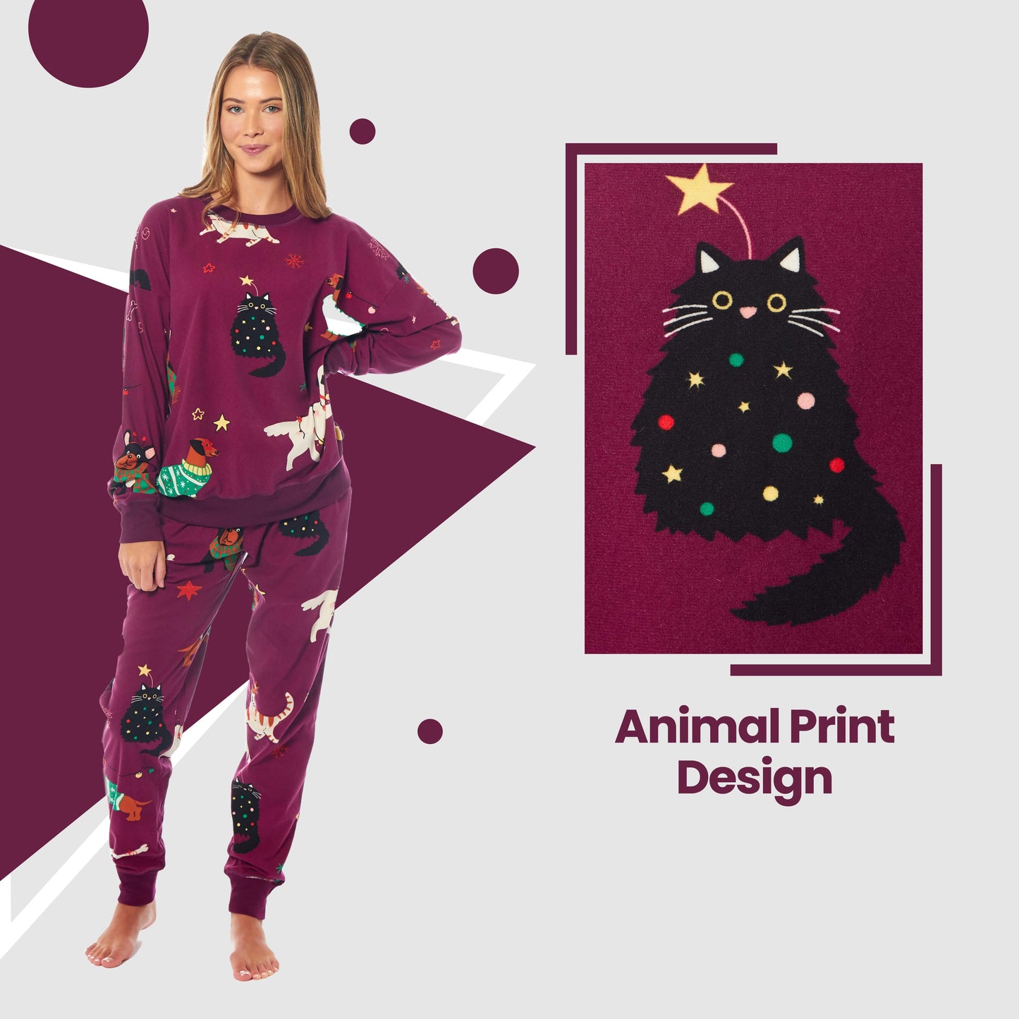 OLIVIA ROCCO Womens Cat And Dog Print Fleece Pyjama Set Long Sleeve Animal Print Warm Sleepwear Loungewear Soft And Cozy Nightwear
