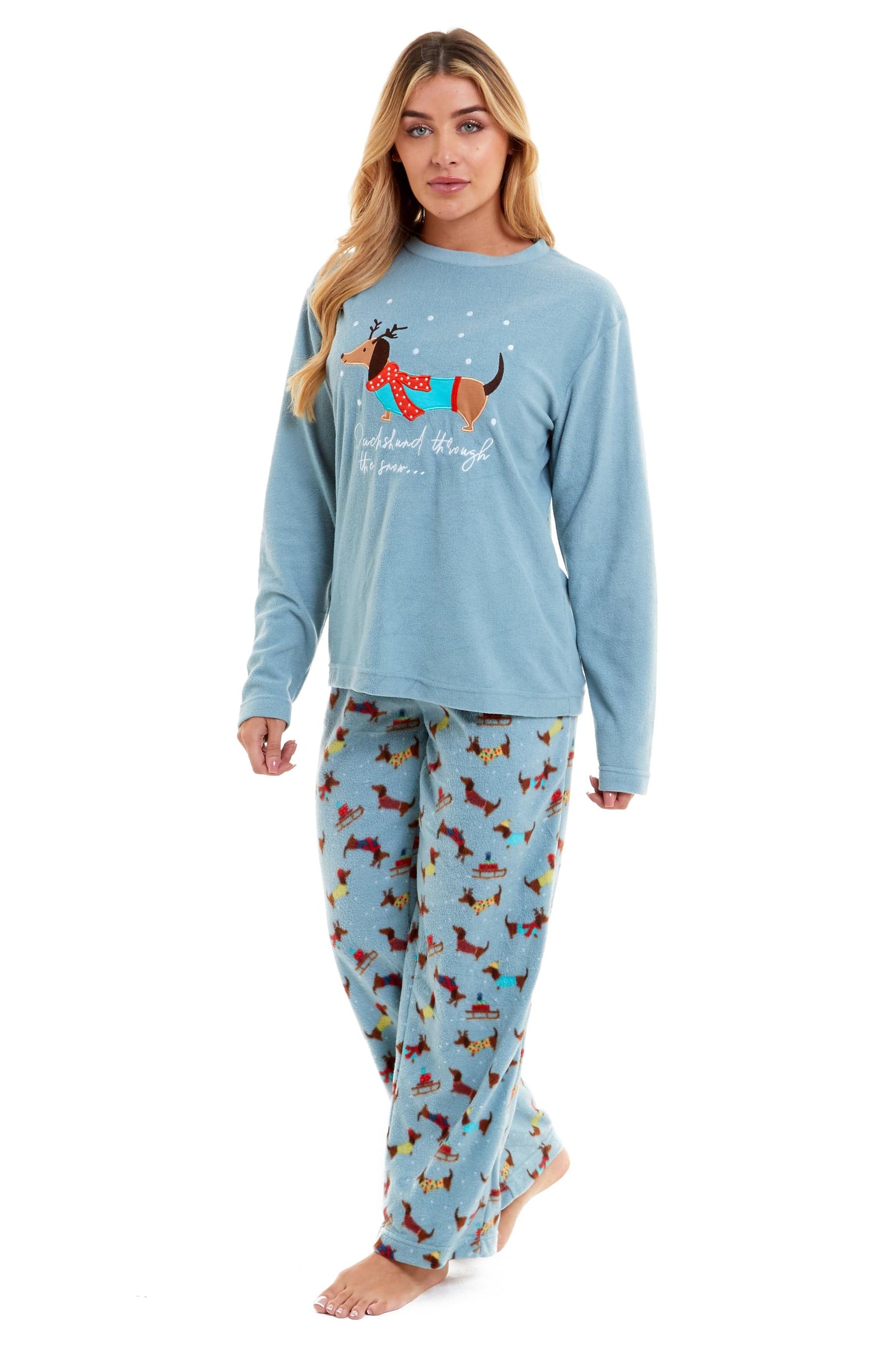OLIVIA ROCCO Women's Dachshund Polar Fleece Pyjama Set, Cozy Winter Sleepwear, Sizes Small To XL, Daisy Dreamer Collection, Home Lounge