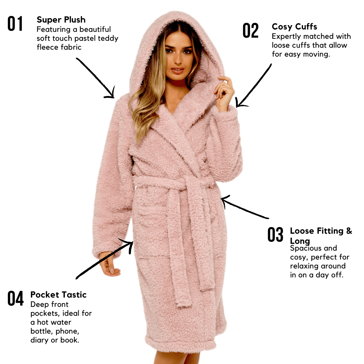 OLIVIA ROCCO Teddy Fleece Hooded Robe Dusky Pink With Sherpa Lining Ultra Soft Dressing Gown For Winter Lounging Various Sizes Daisy Dreamer