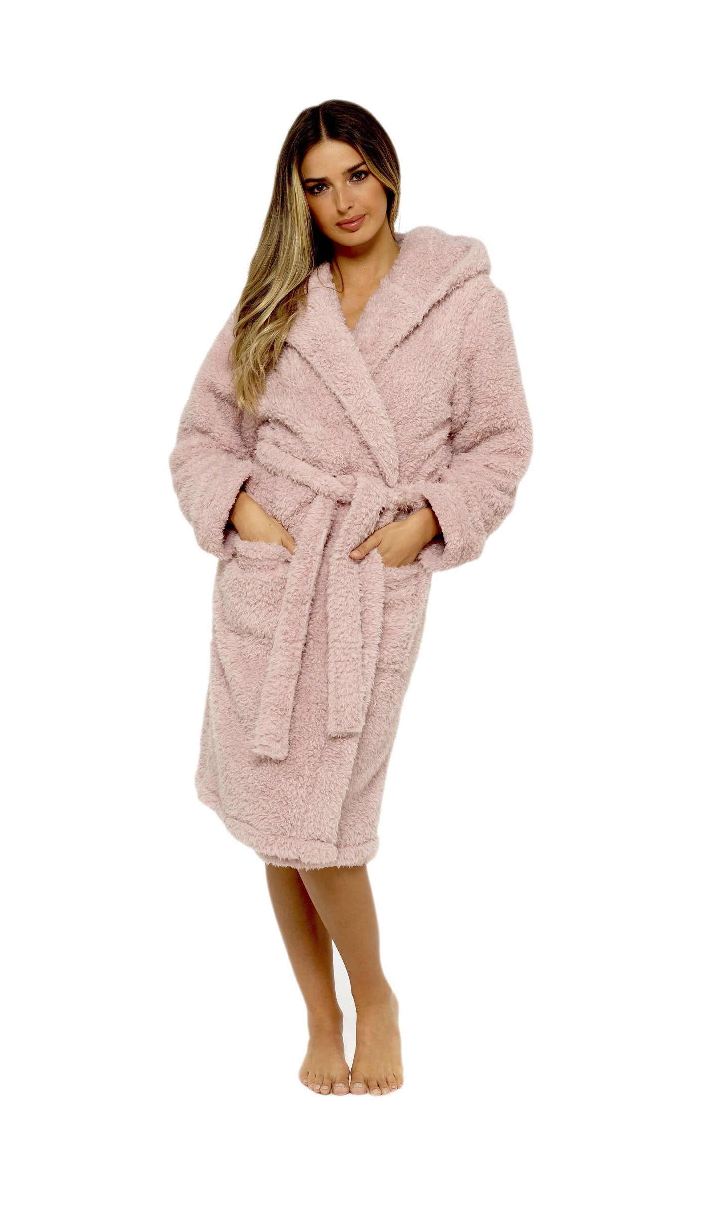OLIVIA ROCCO Teddy Fleece Hooded Robe Dusky Pink With Sherpa Lining Ultra Soft Dressing Gown For Winter Lounging Various Sizes Daisy Dreamer