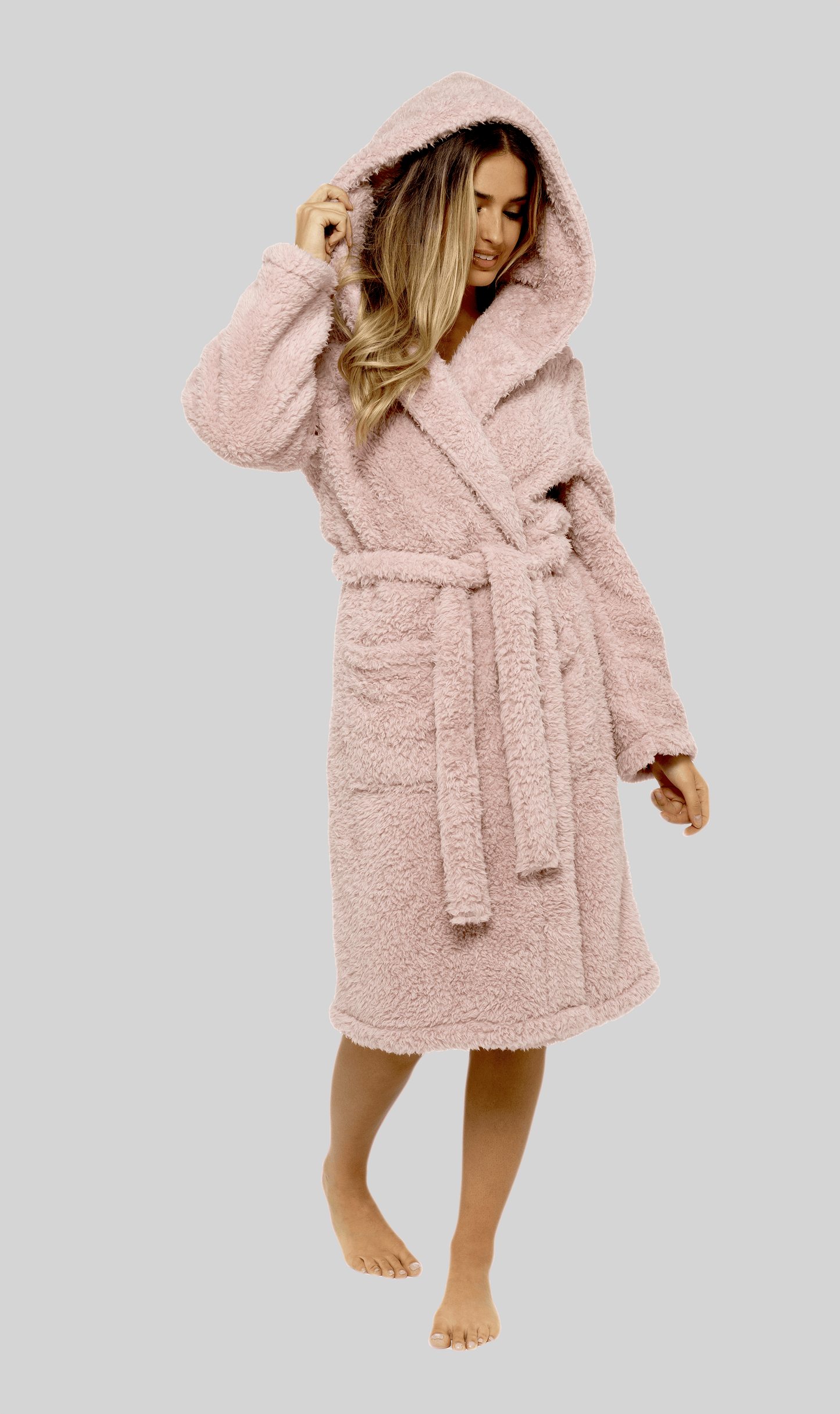 OLIVIA ROCCO Teddy Fleece Hooded Robe Dusky Pink With Sherpa Lining Ultra Soft Dressing Gown For Winter Lounging Various Sizes Daisy Dreamer