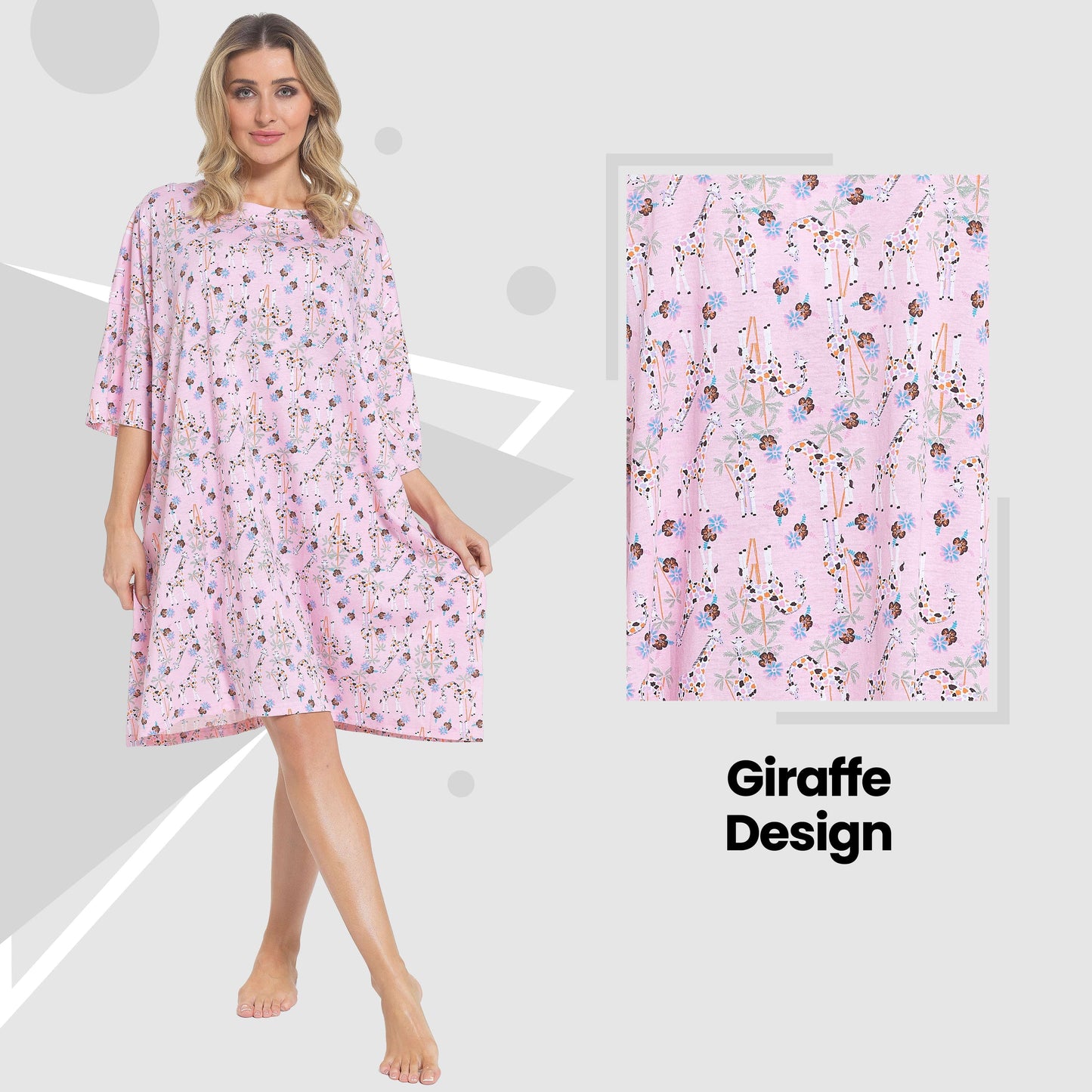 OLIVIA ROCCO Giraffe Print Nightshirt Women Baggy 100 Percent Cotton Short Sleeve Oversized Nightdress Soft Breathable Daisy Dreamer