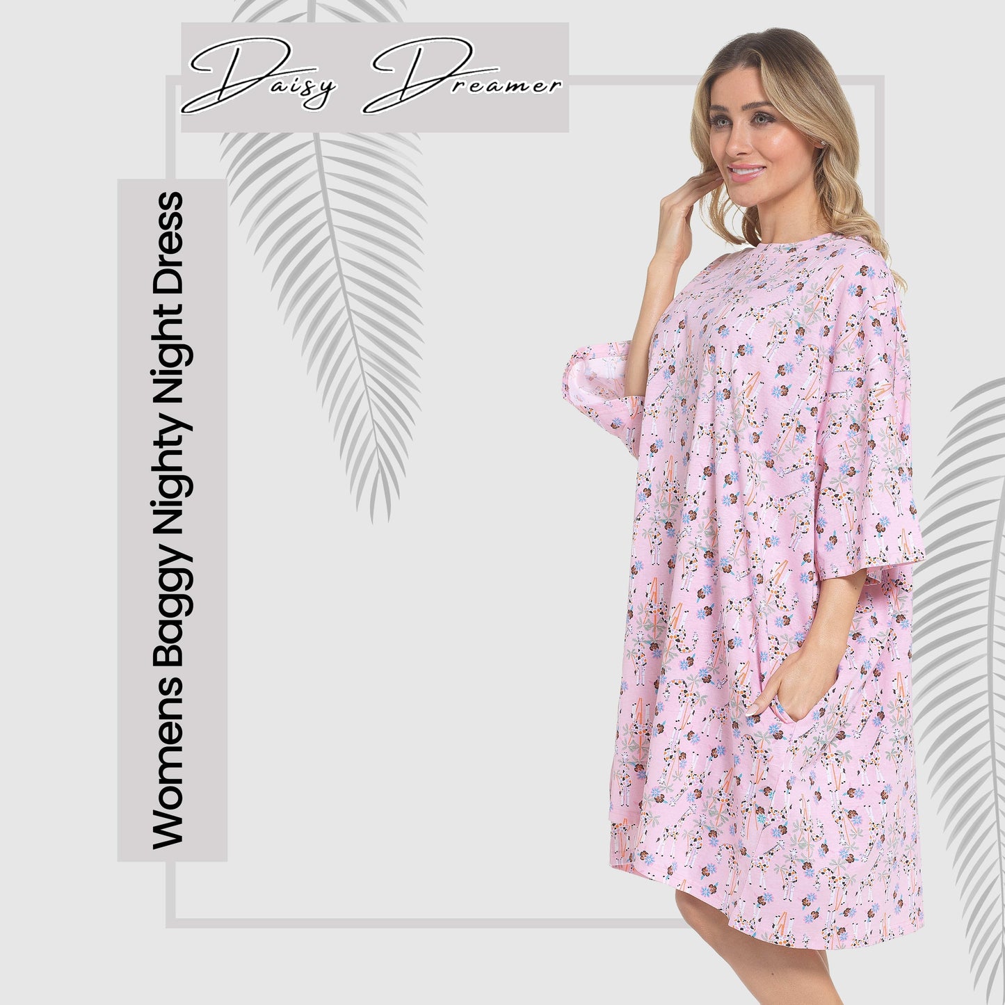 OLIVIA ROCCO Giraffe Print Nightshirt Women Baggy 100 Percent Cotton Short Sleeve Oversized Nightdress Soft Breathable Daisy Dreamer