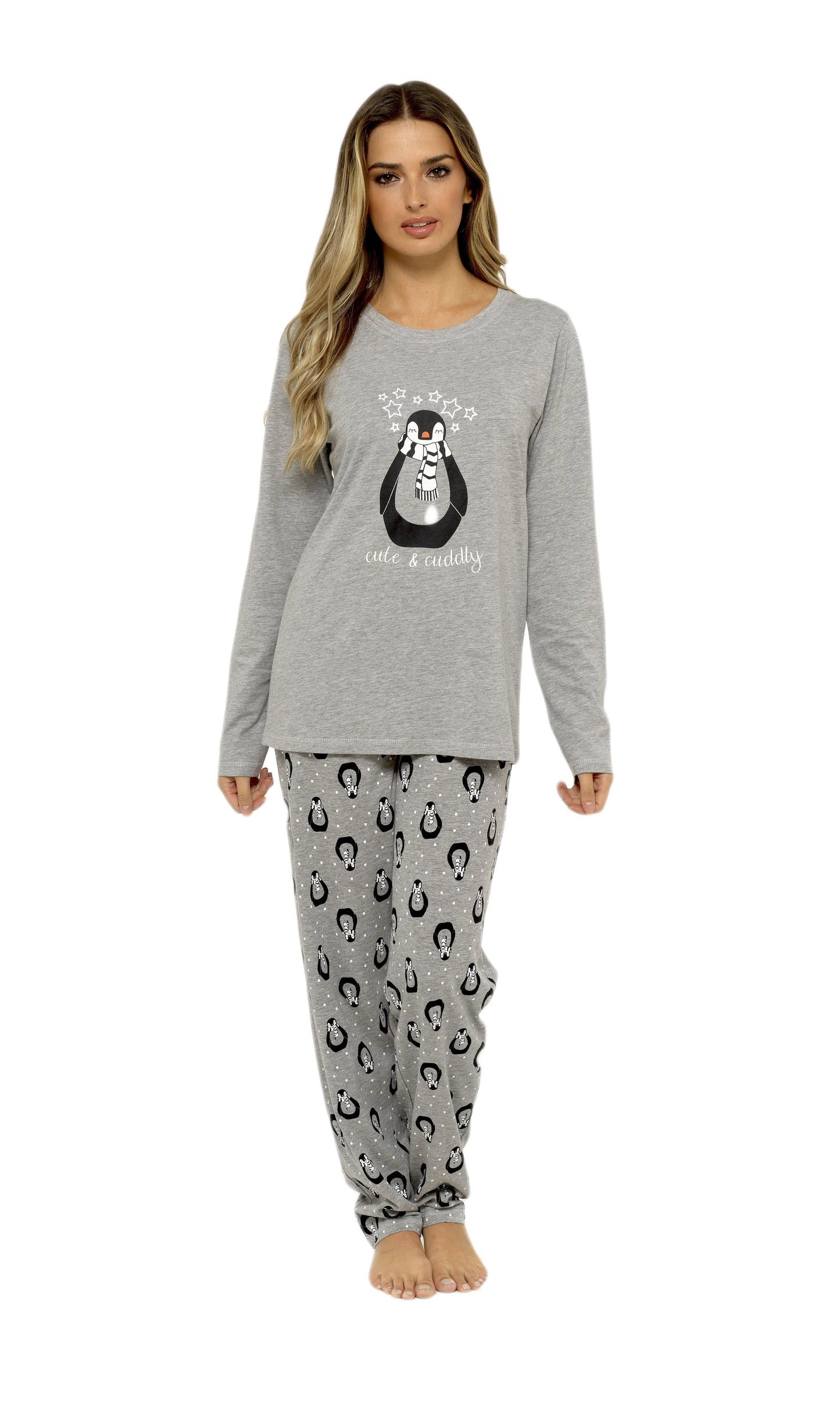 OLIVIA ROCCO Women's Penguin Stars Grey Cotton Pyjama Set With Long Sleeve Top And Elasticated Bottoms Made From 100 Percent Pure Cotton
