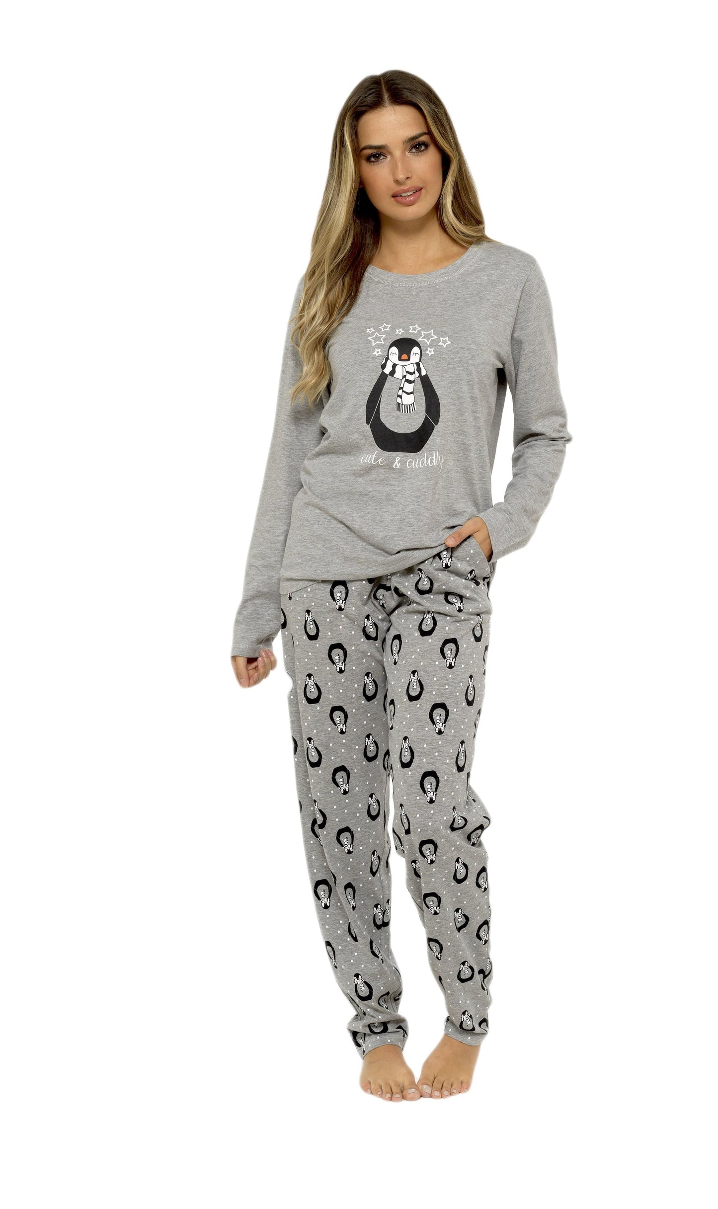 OLIVIA ROCCO Women's Penguin Stars Grey Cotton Pyjama Set With Long Sleeve Top And Elasticated Bottoms Made From 100 Percent Pure Cotton