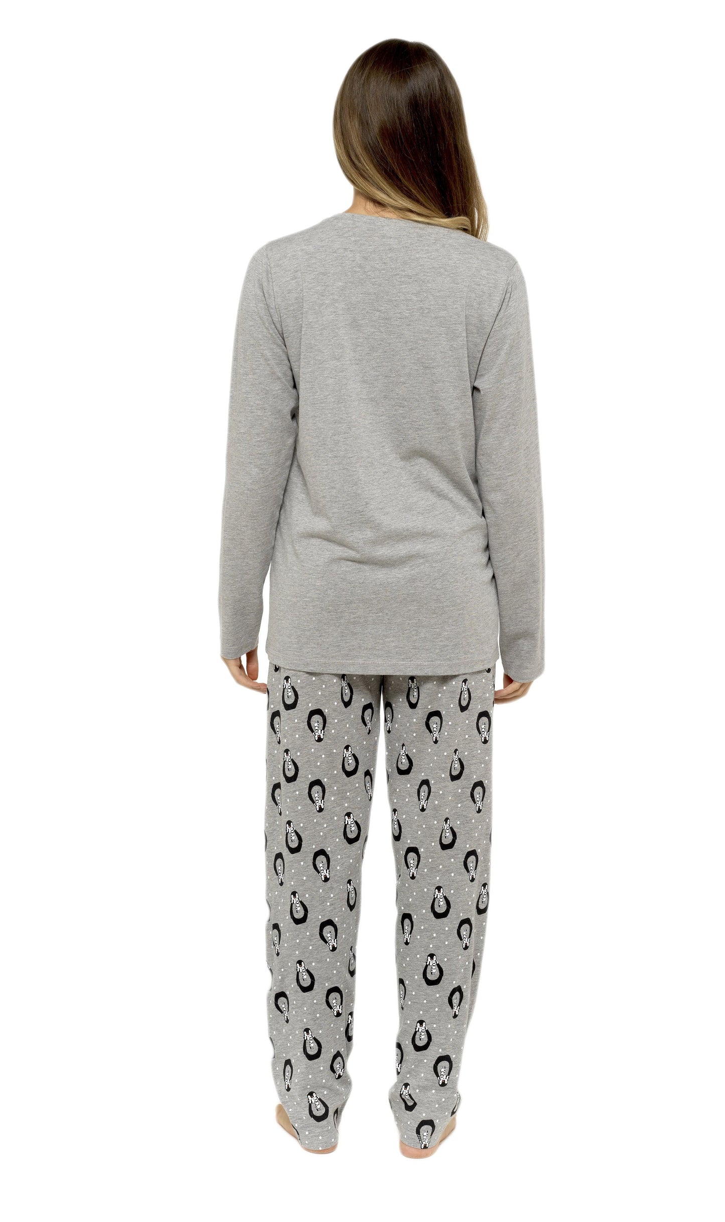 OLIVIA ROCCO Women's Penguin Stars Grey Cotton Pyjama Set With Long Sleeve Top And Elasticated Bottoms Made From 100 Percent Pure Cotton