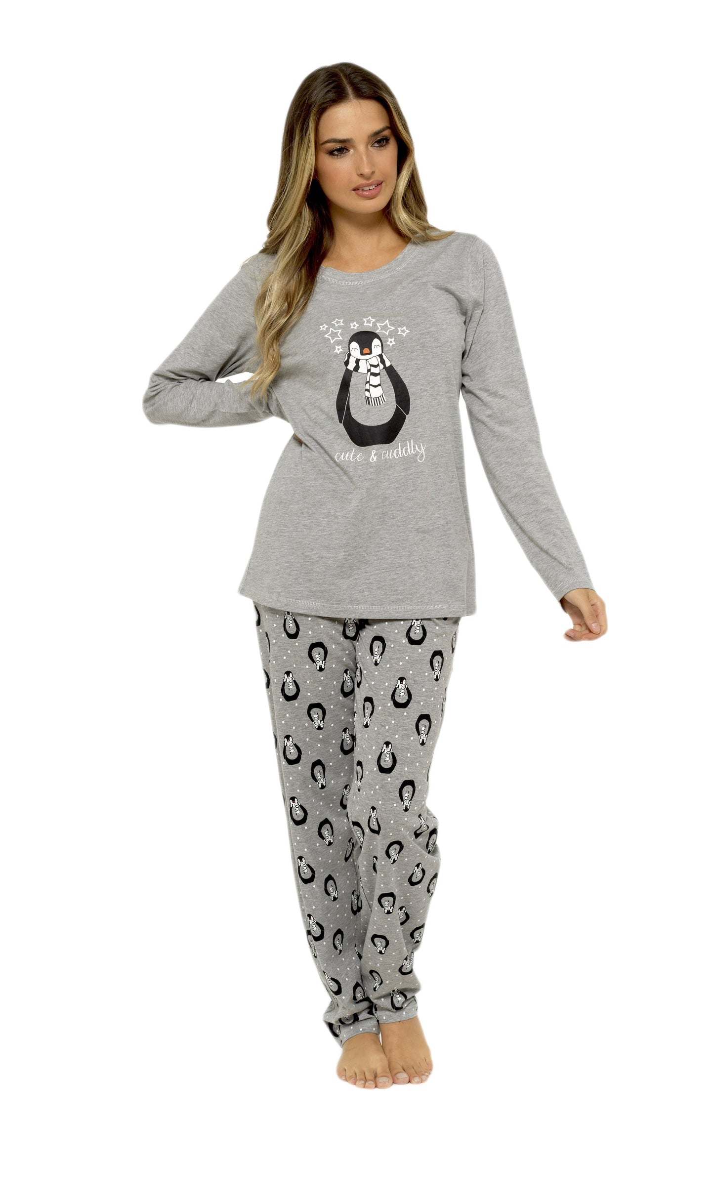 OLIVIA ROCCO Women's Penguin Stars Grey Cotton Pyjama Set With Long Sleeve Top And Elasticated Bottoms Made From 100 Percent Pure Cotton
