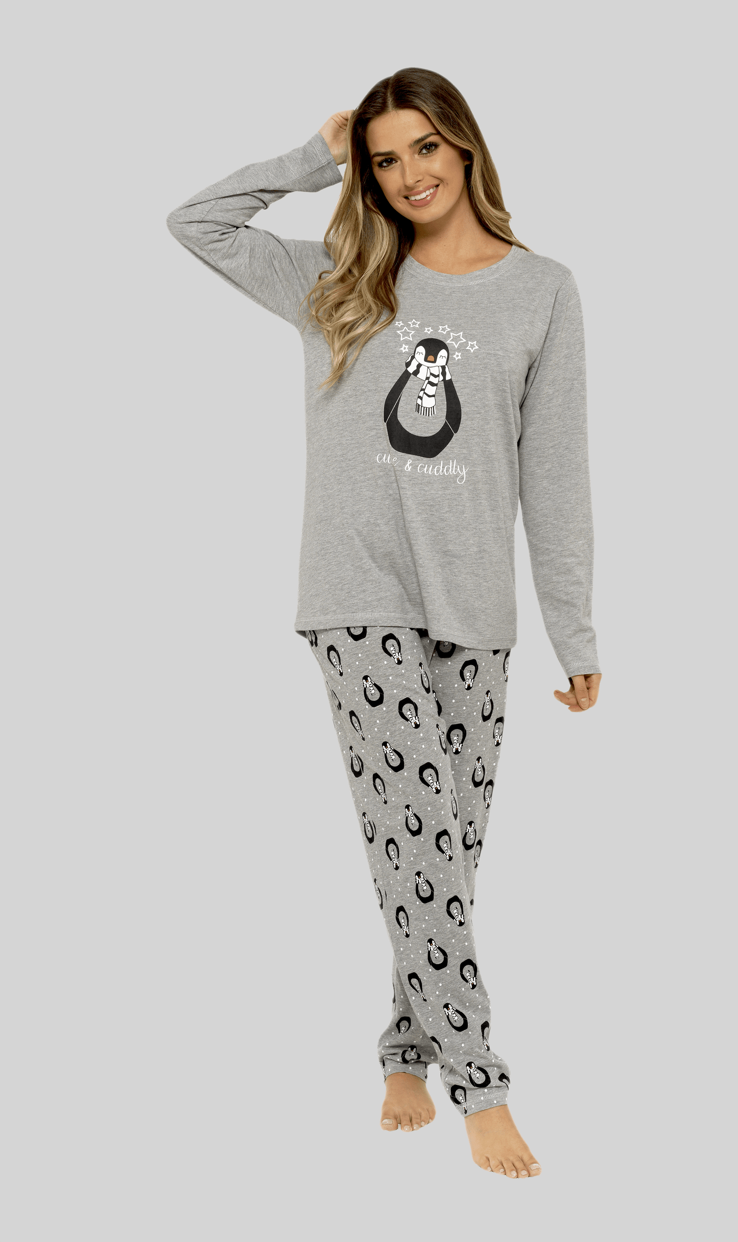 OLIVIA ROCCO Women's Penguin Stars Grey Cotton Pyjama Set With Long Sleeve Top And Elasticated Bottoms Made From 100 Percent Pure Cotton