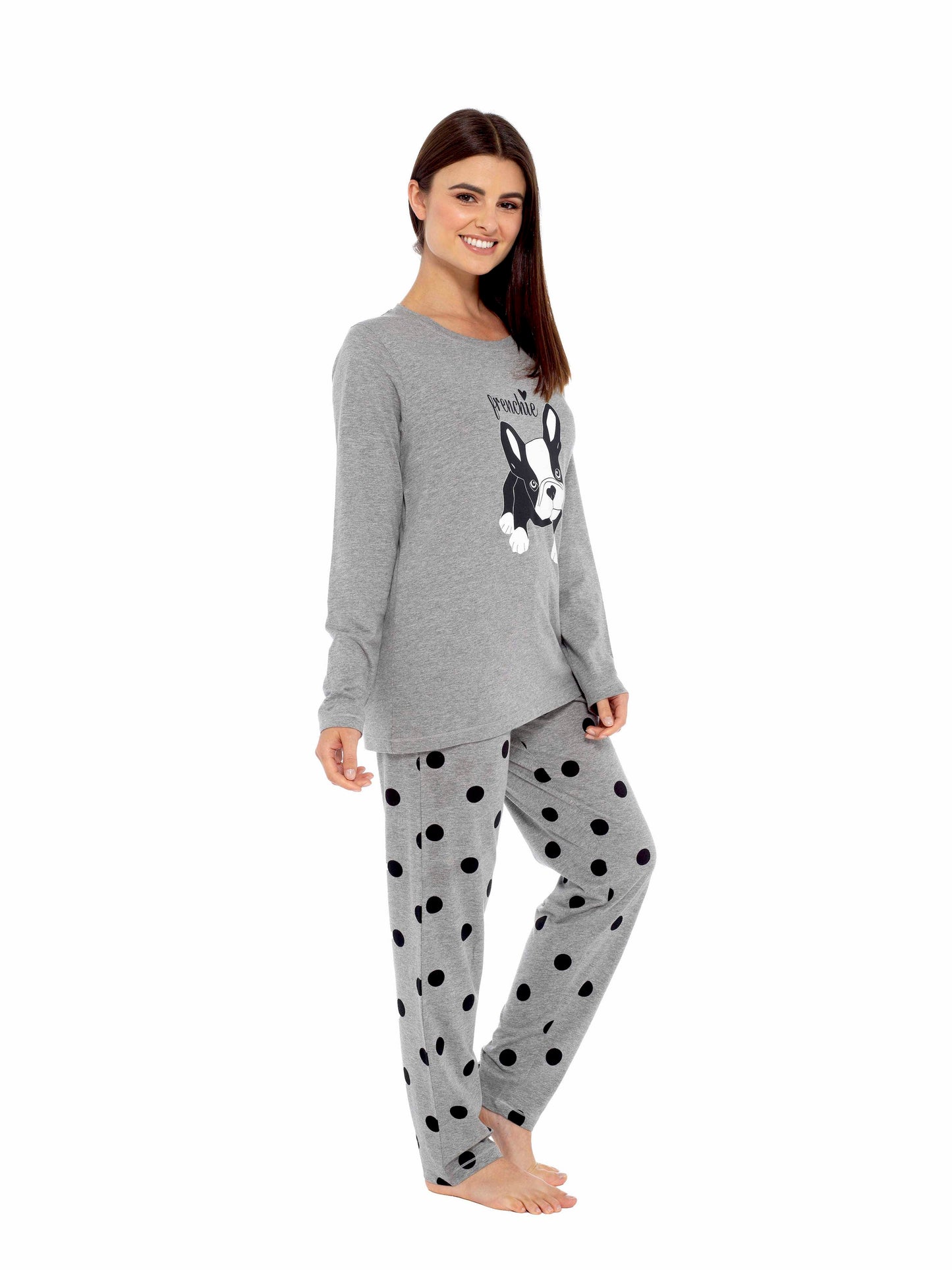 Women's Grey Cotton Pyjama Set With Polka Dot Pants And Frenchie Pugs Print