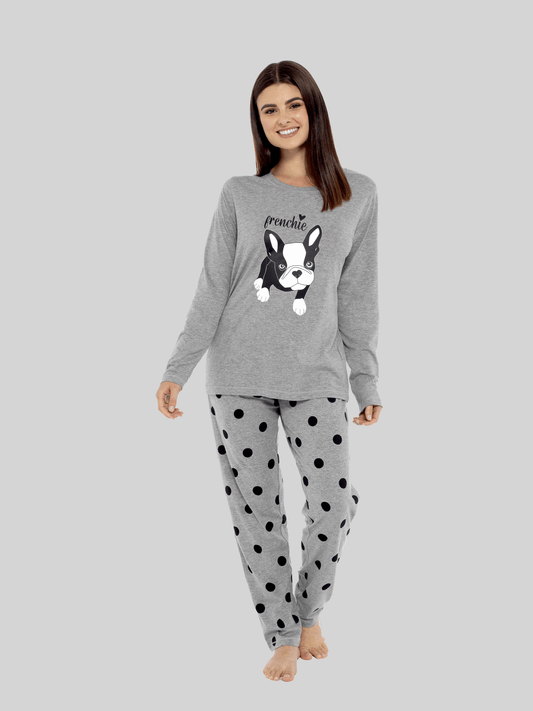 Women's Grey Cotton Pyjama Set With Polka Dot Pants And Frenchie Pugs Print