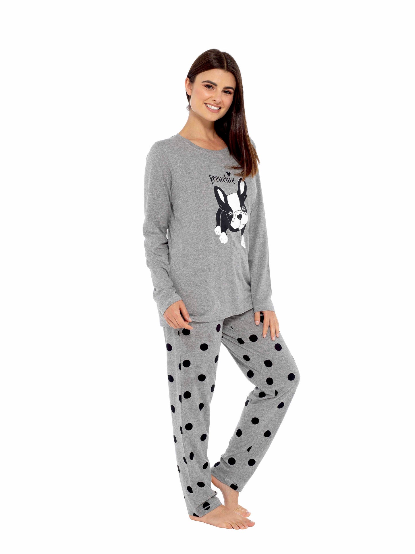Women's Grey Cotton Pyjama Set With Polka Dot Pants And Frenchie Pugs Print